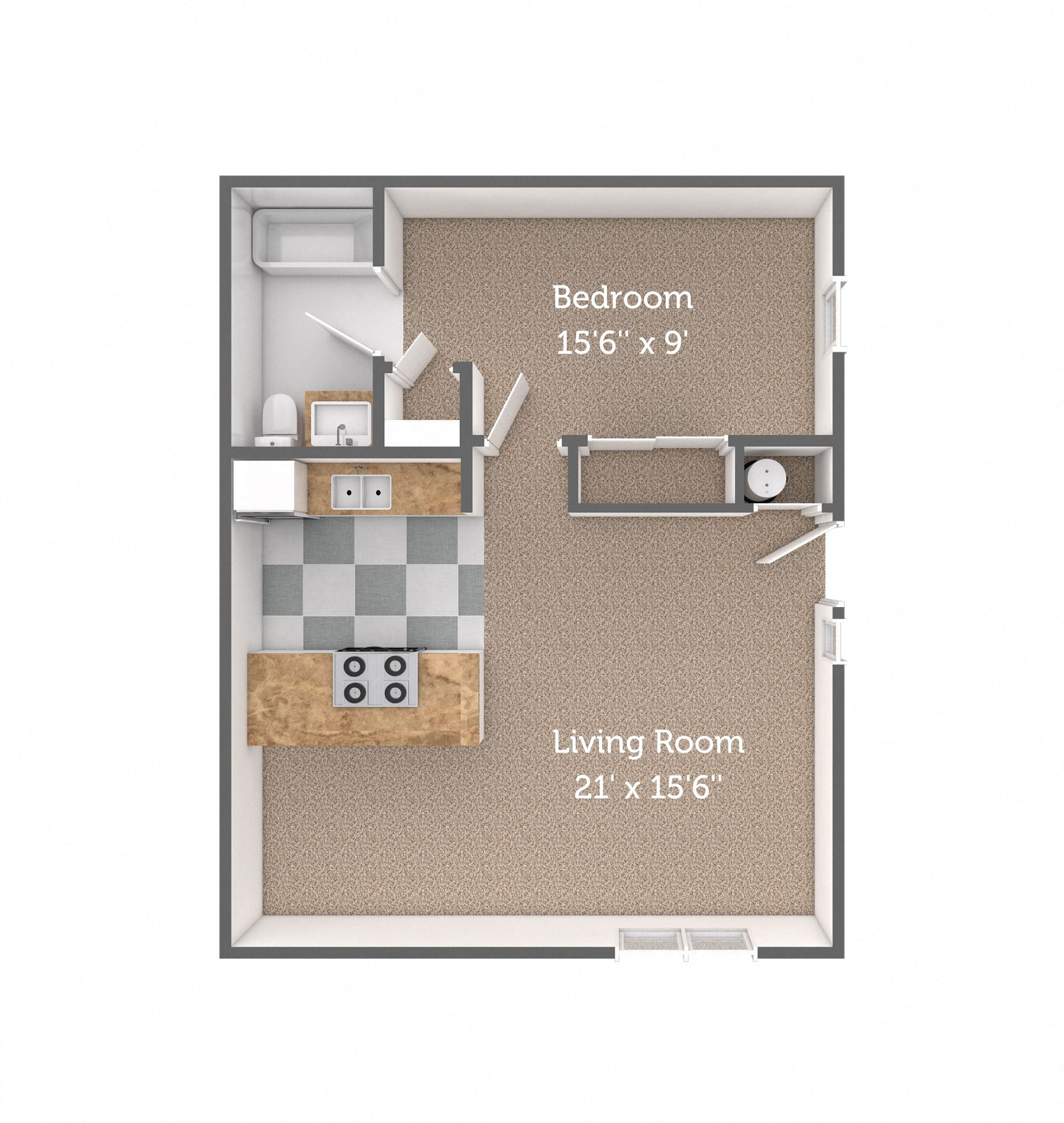 1 bedroom, 1 bathroom flat floor plan